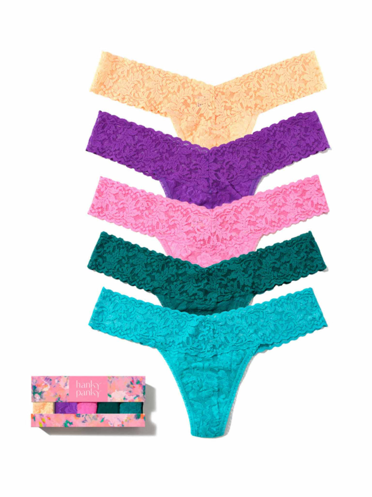 Hanky Panky 5 Pack Signature Lace® Low Rise Thongs In Printed Box Apricot Crush/Vivacious Violet/Taffy/Moodstone/Seabreeze