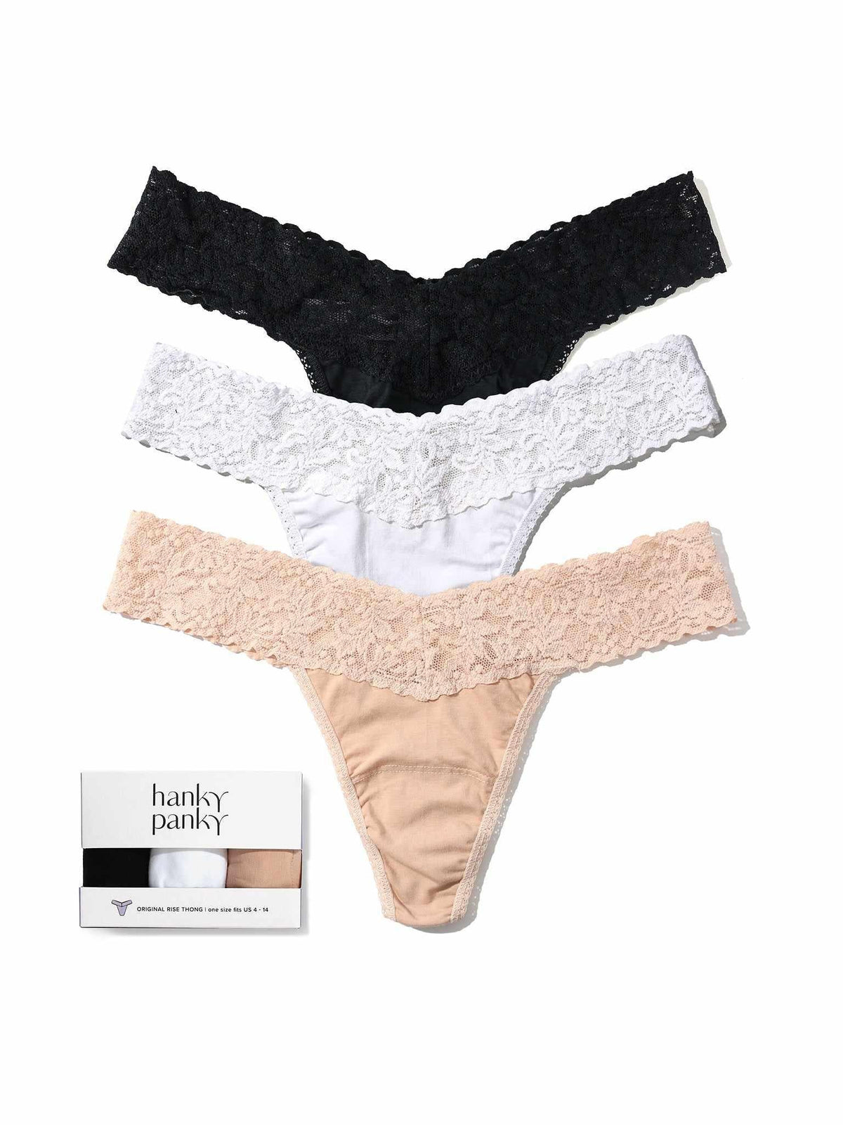 Hanky Panky 3 Pack Supima® Cotton Original Rise Thongs with Lace