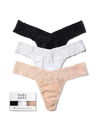 Hanky Panky 3 Pack Supima® Cotton Original Rise Thongs with Lace