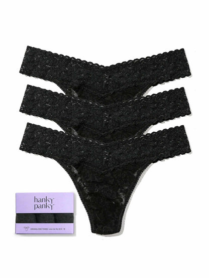 Hanky Panky 3 Pack Signature Lace® Original Rise Thongs Black