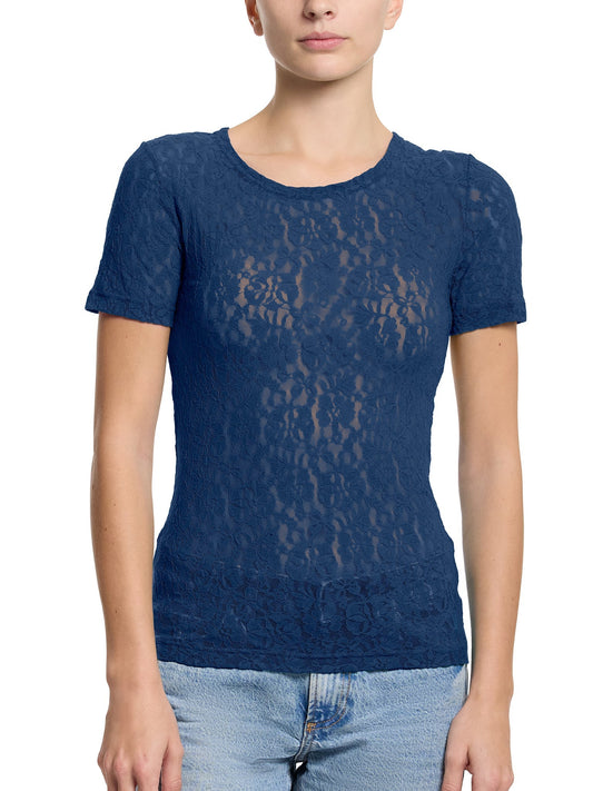 Hanky Panky Flora Lace Short Sleeve Top Night Owl Blue Sale