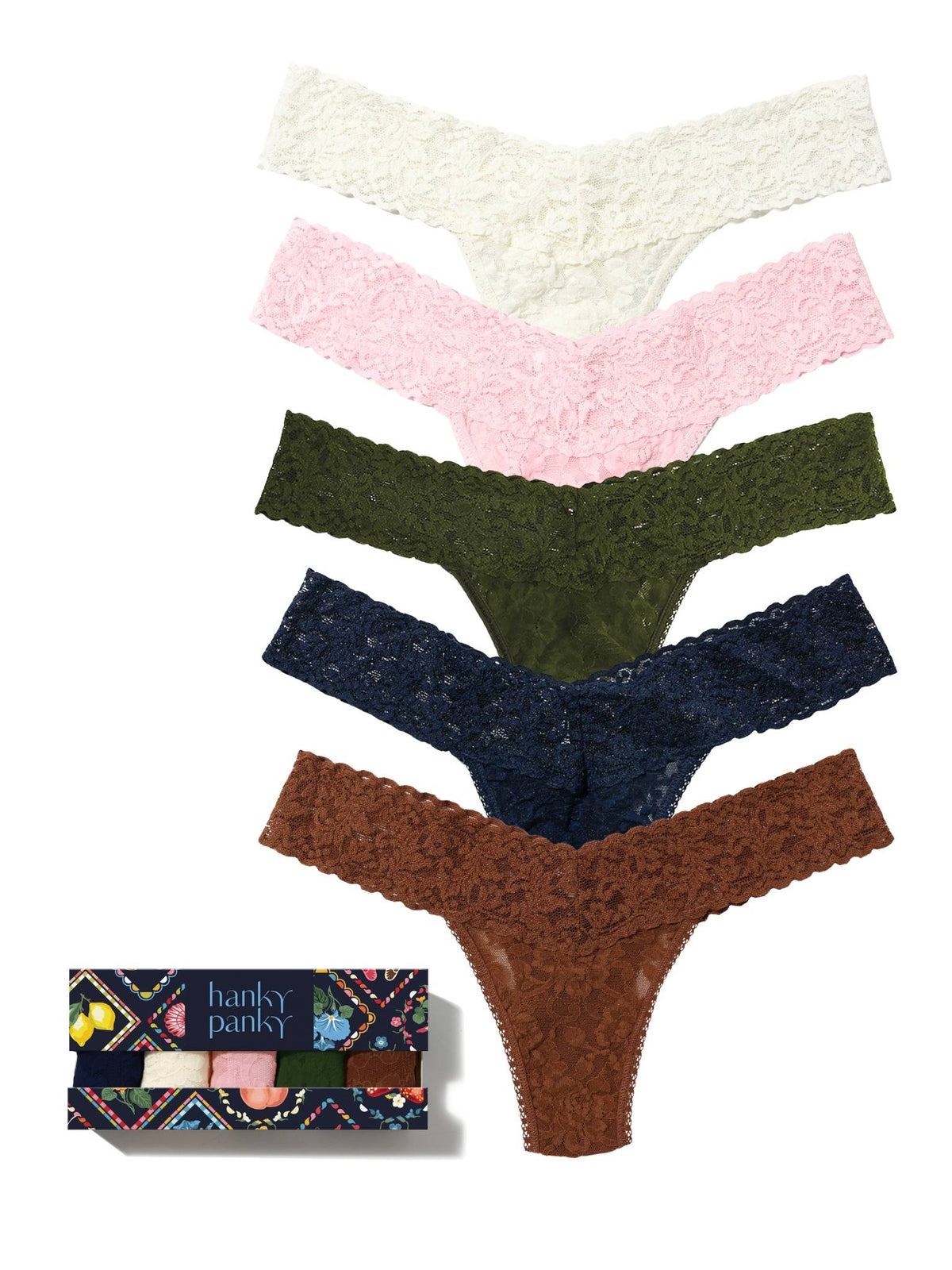 Hanky Panky The Whole Drawer 5 Pack Signature Lace® Low Rise Thongs In Printed Box