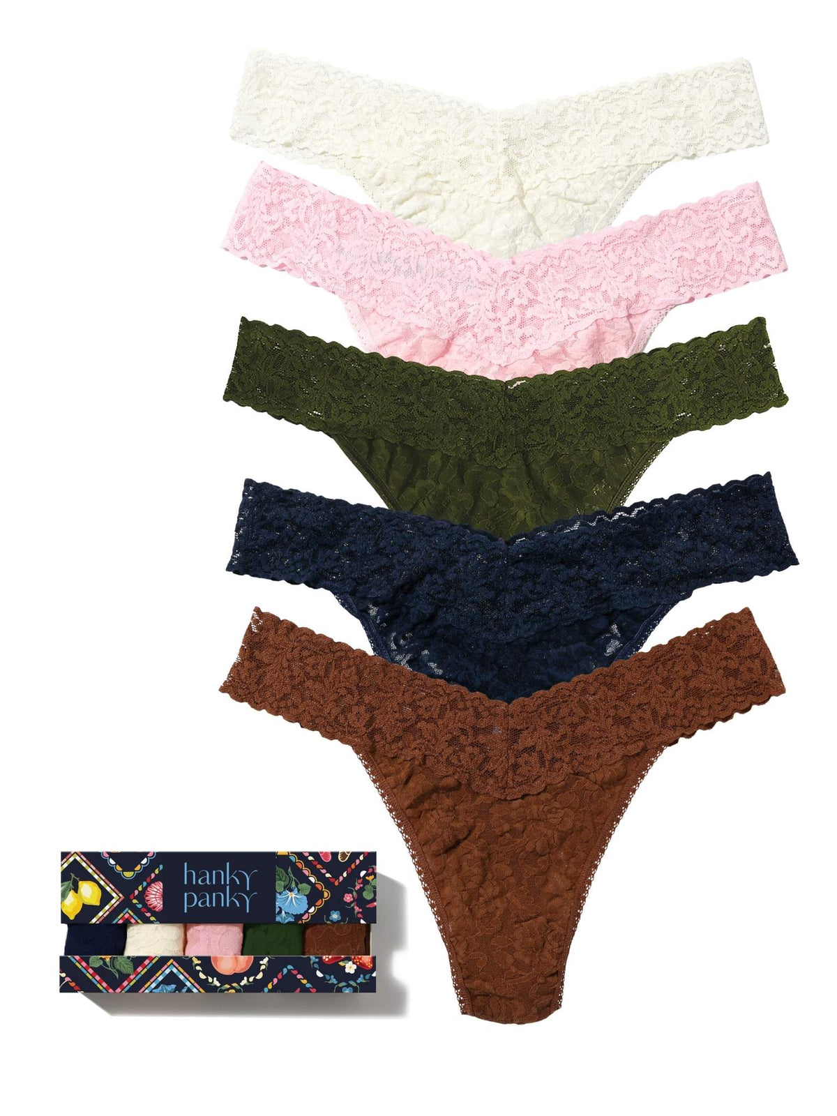 Hanky Panky The Whole Drawer 5 Pack Signature Lace® Original Rise Thongs In Printe