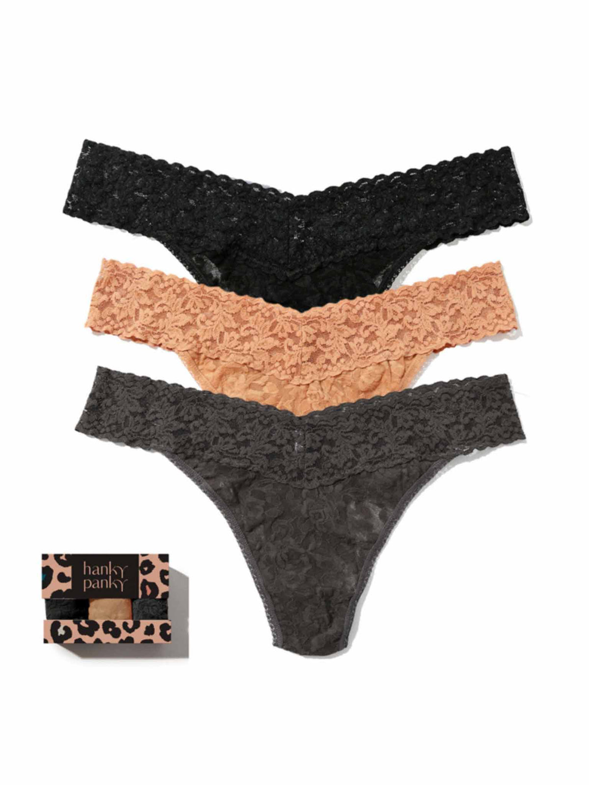 Hanky Panky 3 Pack Signature Lace® Original Rise Thongs In Printed Box Black/Sun Tan/Granite Leopard Box