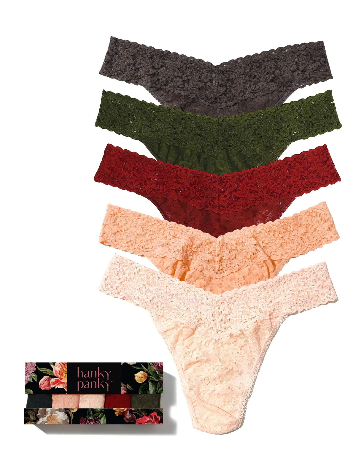 Hanky Panky Golden Hour 5 Pack Signature Lace® Original Rise Thongs In Printed Box