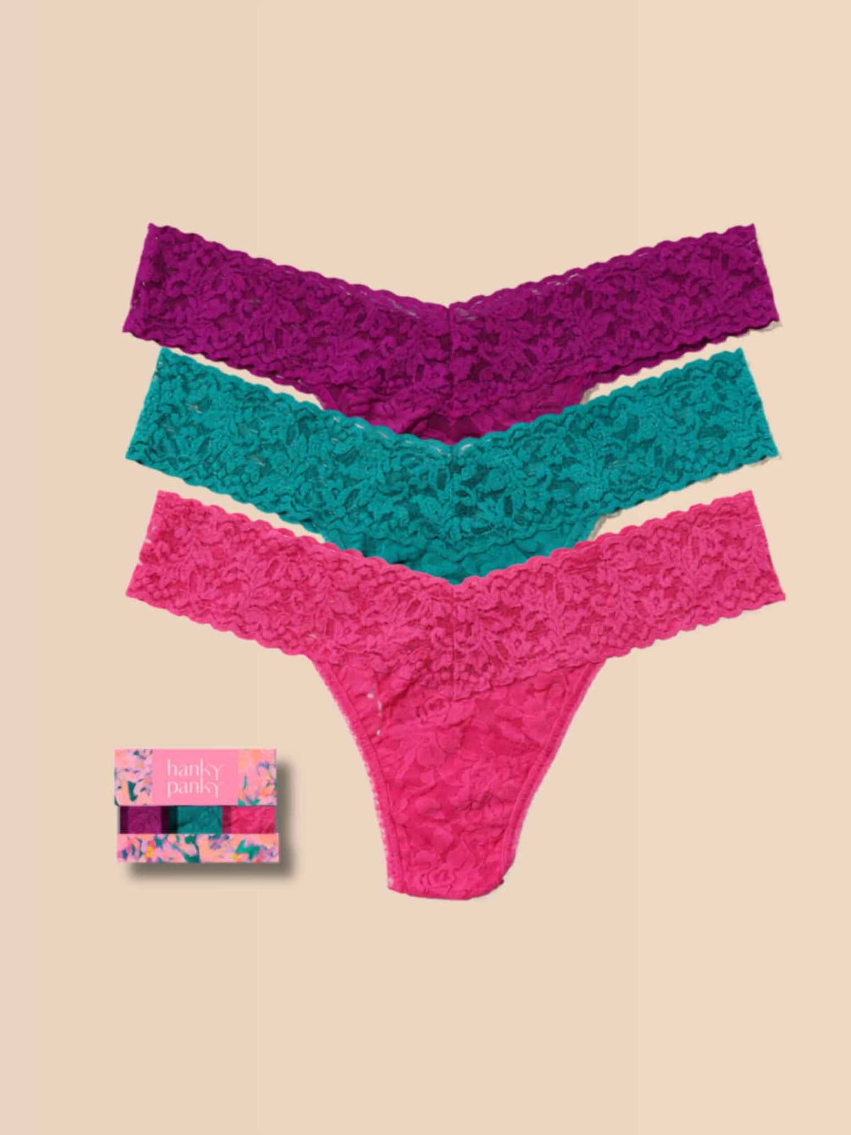 Hanky Panky 3 Pack Signature Lace® Low Rise Thongs In Printed Box Boysenberry Purple/Dark Teal/Dragon Fruit Pink
