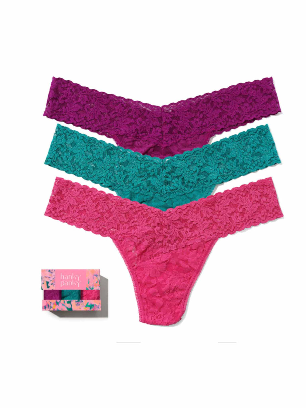 Hanky Panky 3 Pack Signature Lace® Low Rise Thongs In Printed Box Boysenberry Purple/Dark Teal/Dragon Fruit Pink