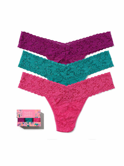 Hanky Panky 3 Pack Signature Lace® Low Rise Thongs In Printed Box Boysenberry Purple/Dark Teal/Dragon Fruit Pink