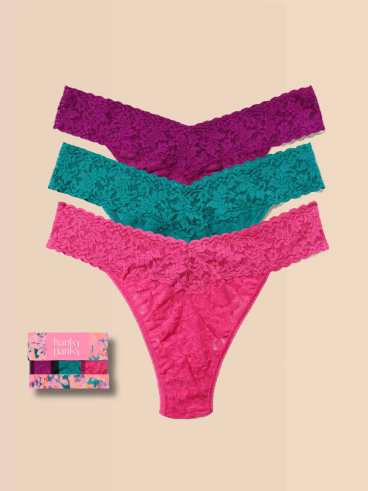 Hanky Panky 3 Pack Signature Lace® Original Rise Thongs In Printed Box Boysenberry Purple/Dark Teal/Dragon Fruit Pink