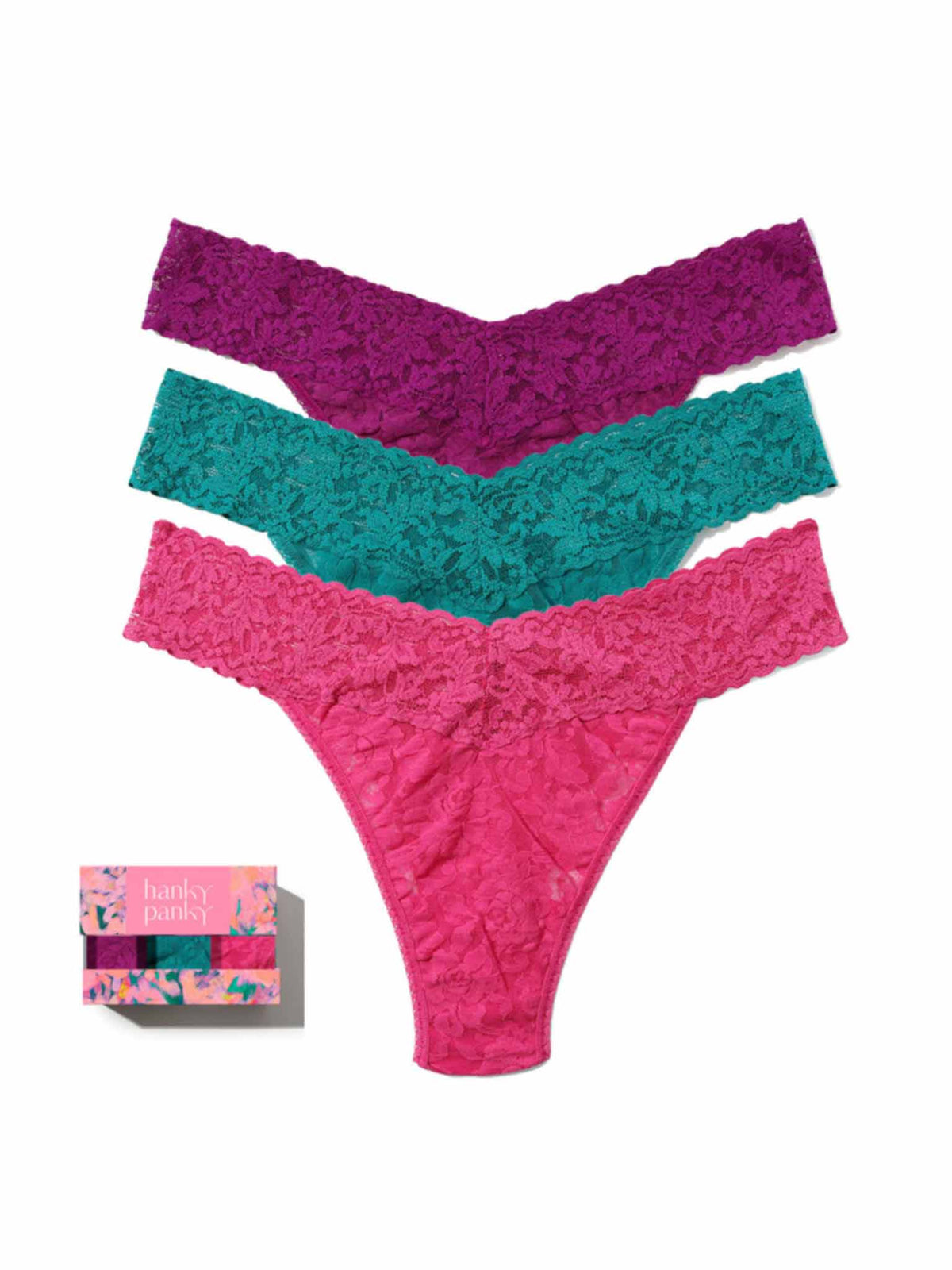 Hanky Panky 3 Pack Signature Lace® Original Rise Thongs In Printed Box Boysenberry Purple/Dark Teal/Dragon Fruit Pink