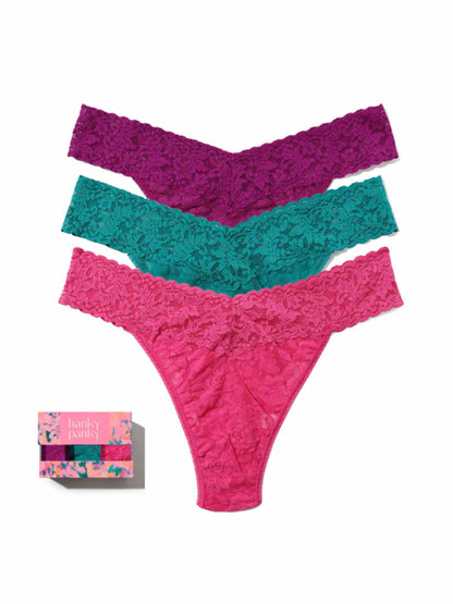 Hanky Panky 3 Pack Signature Lace® Original Rise Thongs In Printed Box Boysenberry Purple/Dark Teal/Dragon Fruit Pink