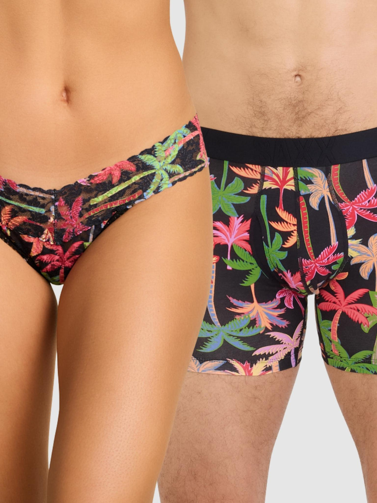 Hanky Panky Signature Lace® Original Rise Printed Thong And SAXX Drop Temp Cooling Cotton Boxer Brief Mixed Palms-Black