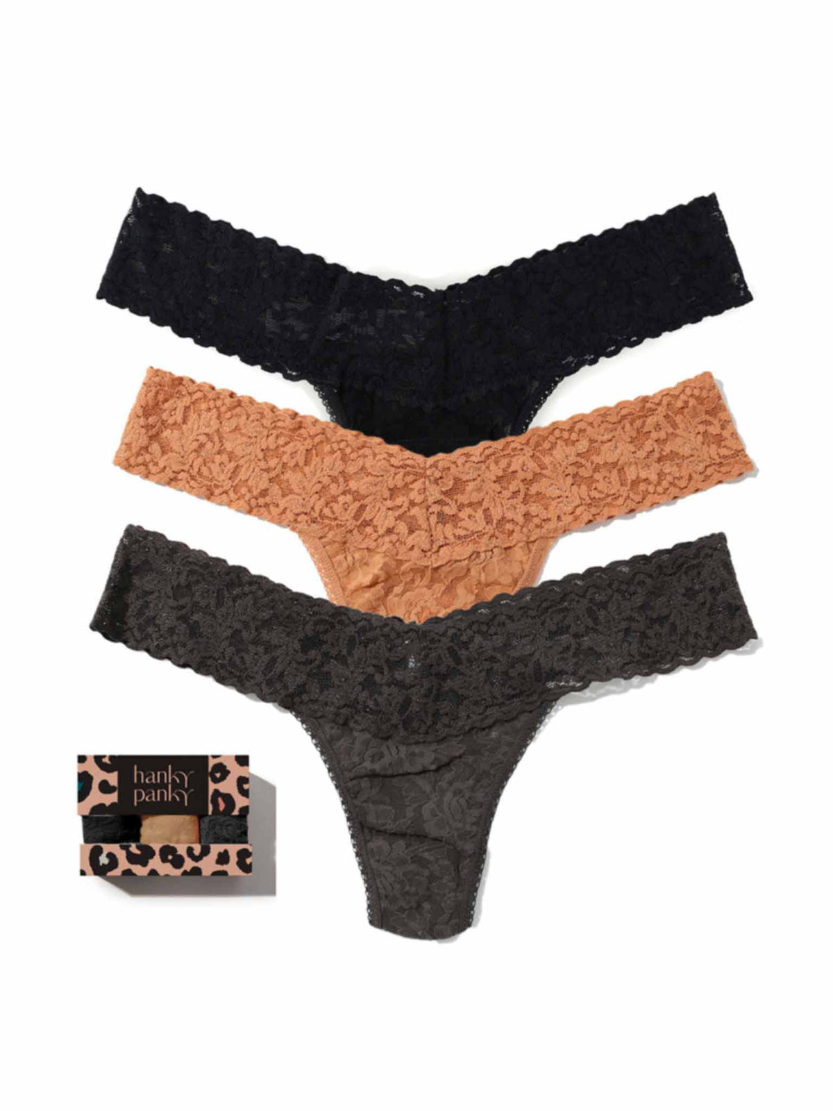 Hanky Panky 3 Pack Signature Lace® Low Rise Thongs In Printed Box Black/Sun Tan/Granite Leopard Box
