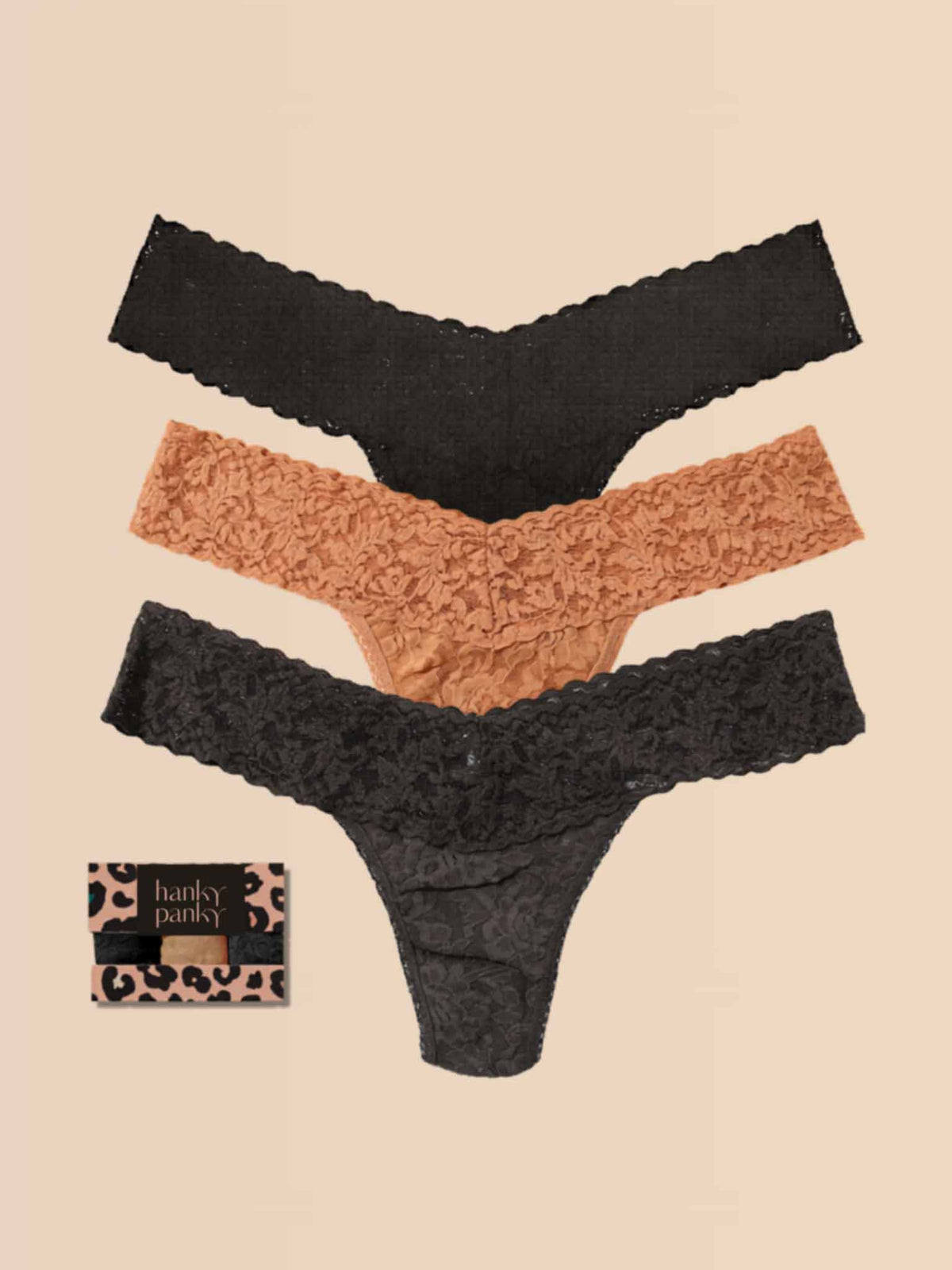 Hanky Panky 3 Pack Signature Lace® Low Rise Thongs In Printed Box Black/Sun Tan/Granite Leopard Box