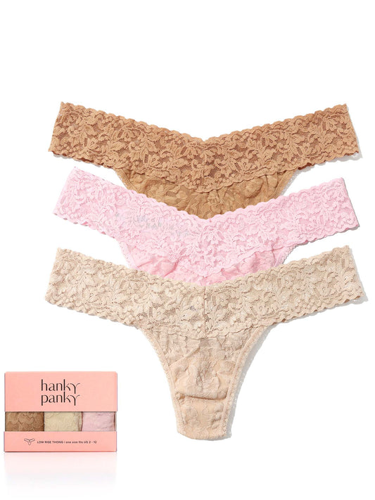 Hanky Panky 3 Pack Signature Lace® Low Rise Thongs Chai/Taupe/Suntan