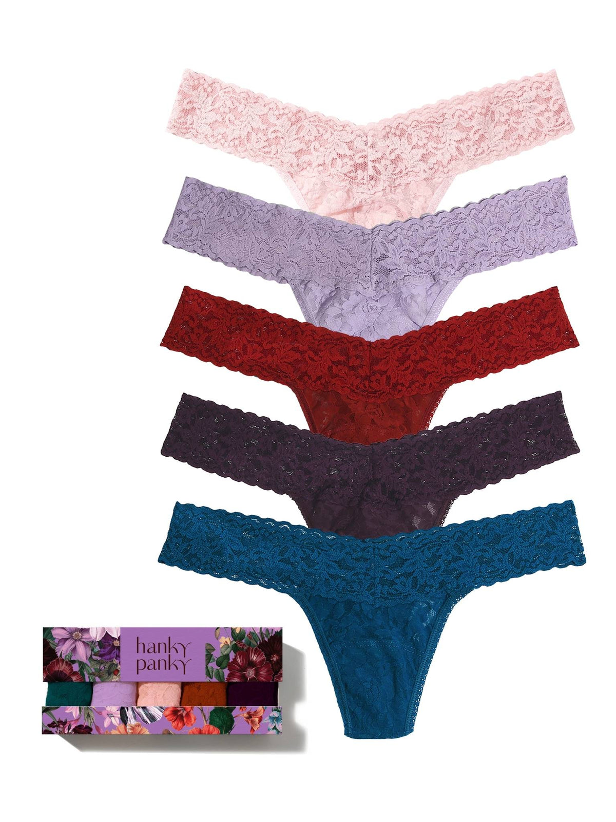 Hanky Panky Secret Garden 5 Pack Signature Lace® Low Rise Thongs In Printed Box