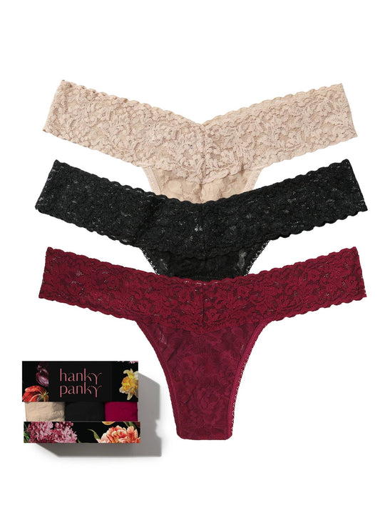 Hanky Panky Bottle Service 3 Pack Signature Lace® Low Rise Thongs In Printed Box