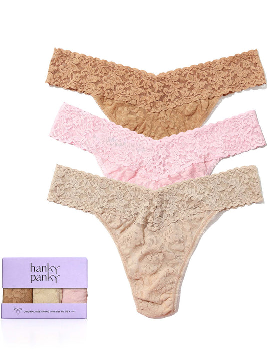Hanky Panky 3 Pack Signature Lace® Original Rise Thongs SUNTAN/CHAI/BLUSHING ROSE