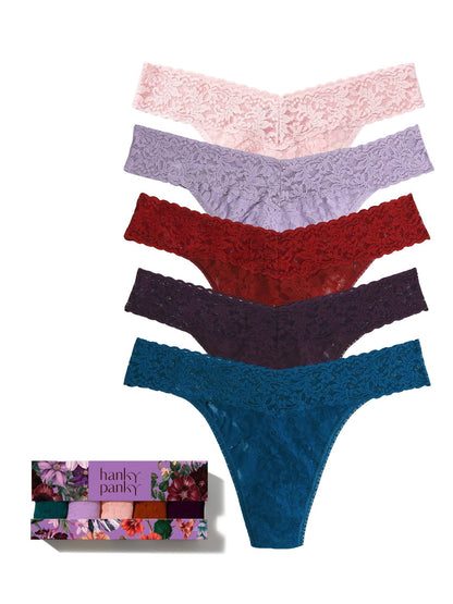 Hanky Panky Secret Garden 5 Pack Signature Lace® Original Rise Thongs In Printed B