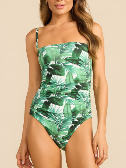 Hanky Panky Bandeau One Piece Swimsuit Stay Floral Palm Tree Green