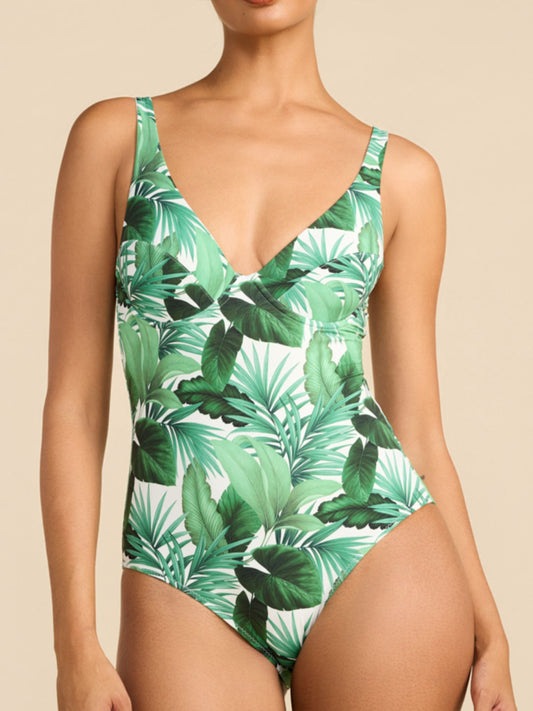 Hanky Panky Underwire One Piece Swimsuit Stay Floral Palm Tree Green